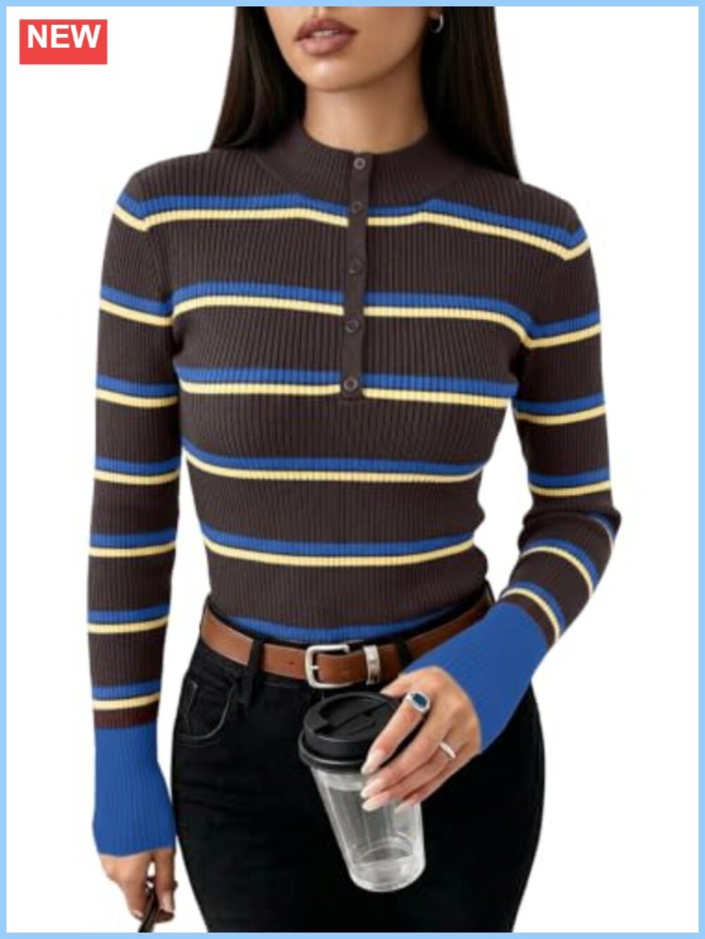 Striped Turtleneck Slim Fit Long Sleeve Sweater Pullover